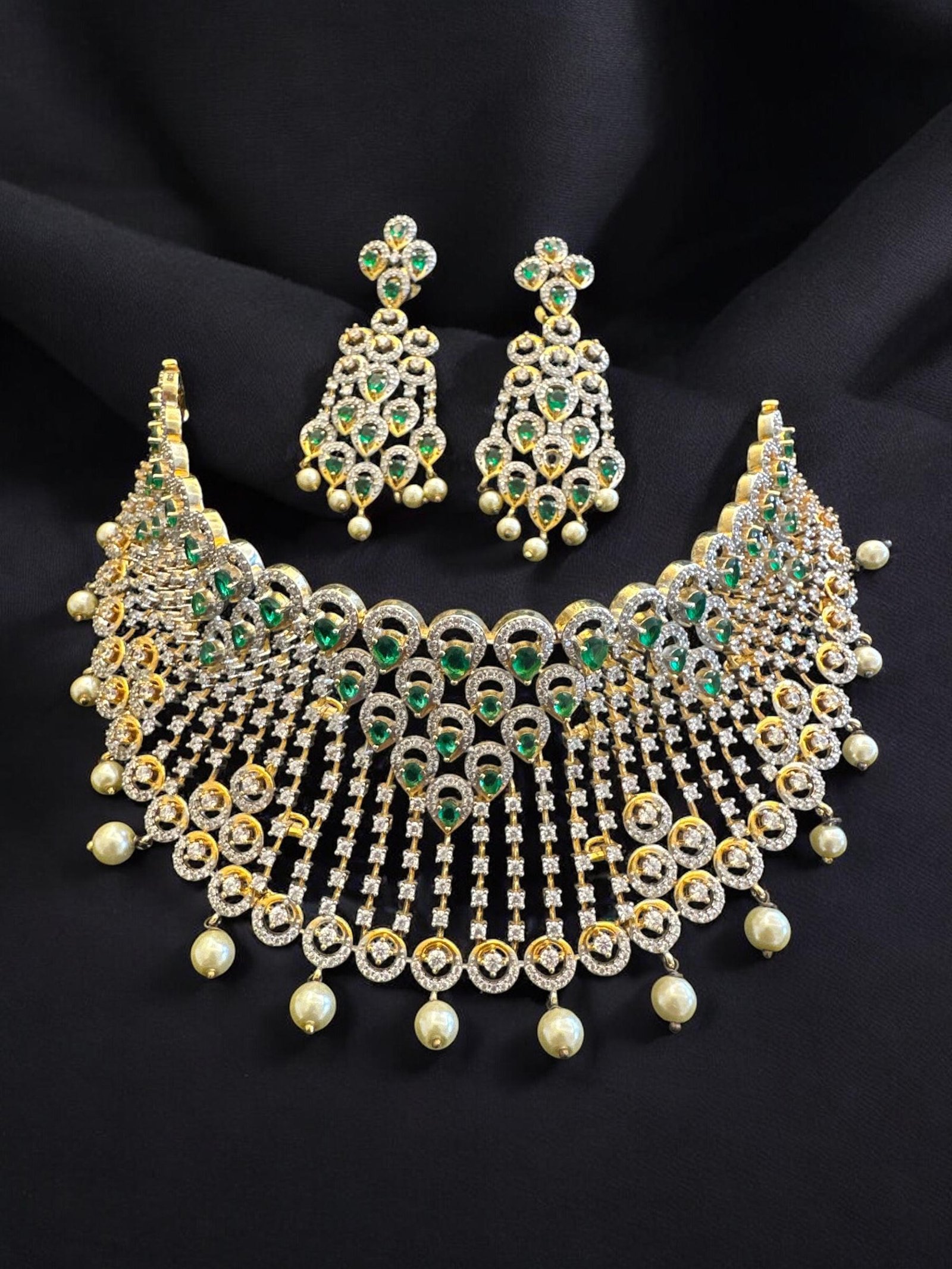 Premium cz white and green stones choker with gold polish