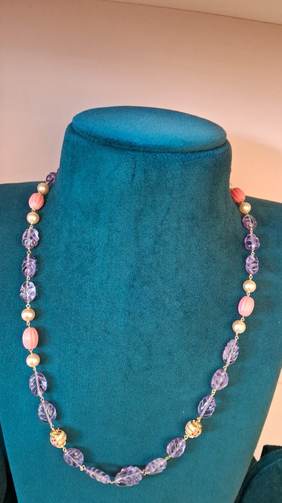 Purple Beads, Coral & Swarovski Pearls Gold Polish Chain