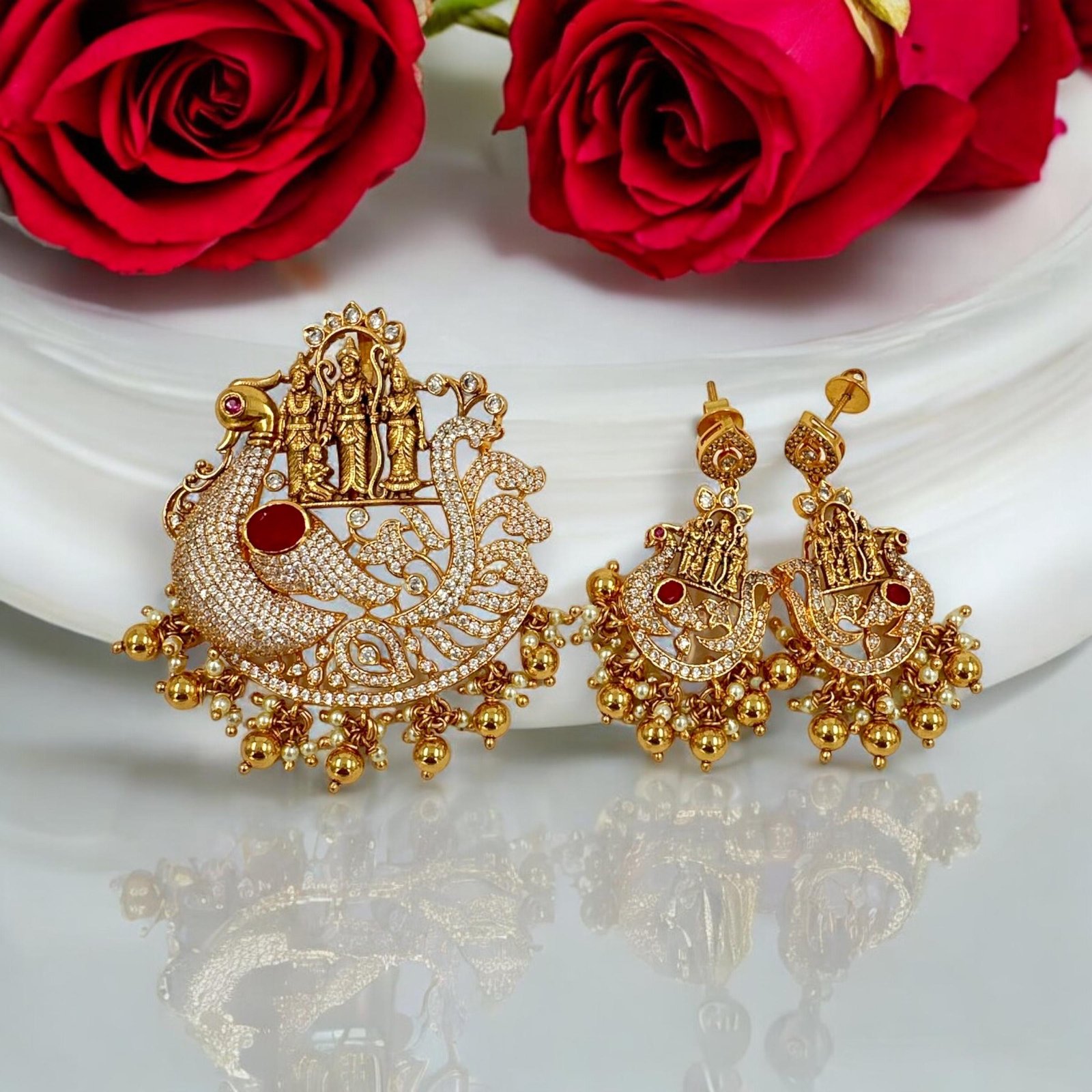 Ram parivar  pendent and Peacock  design and red stone with gold polish pendent set