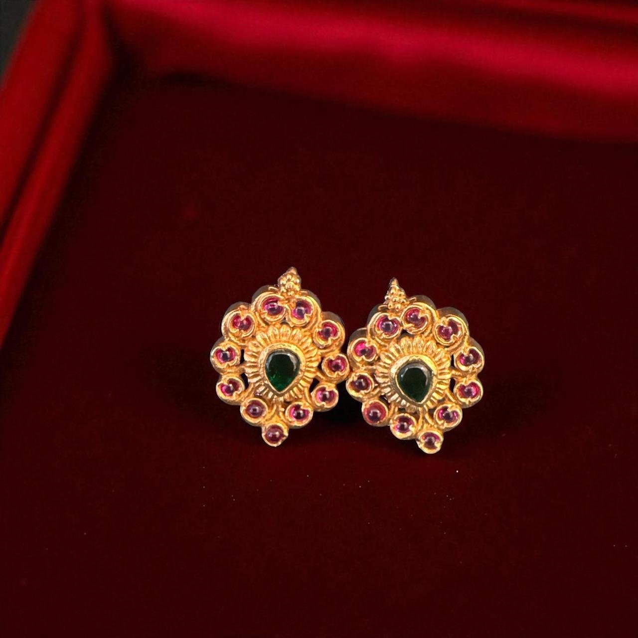 Ruby & Green Gold-Polish Studs with Pearl Hangings