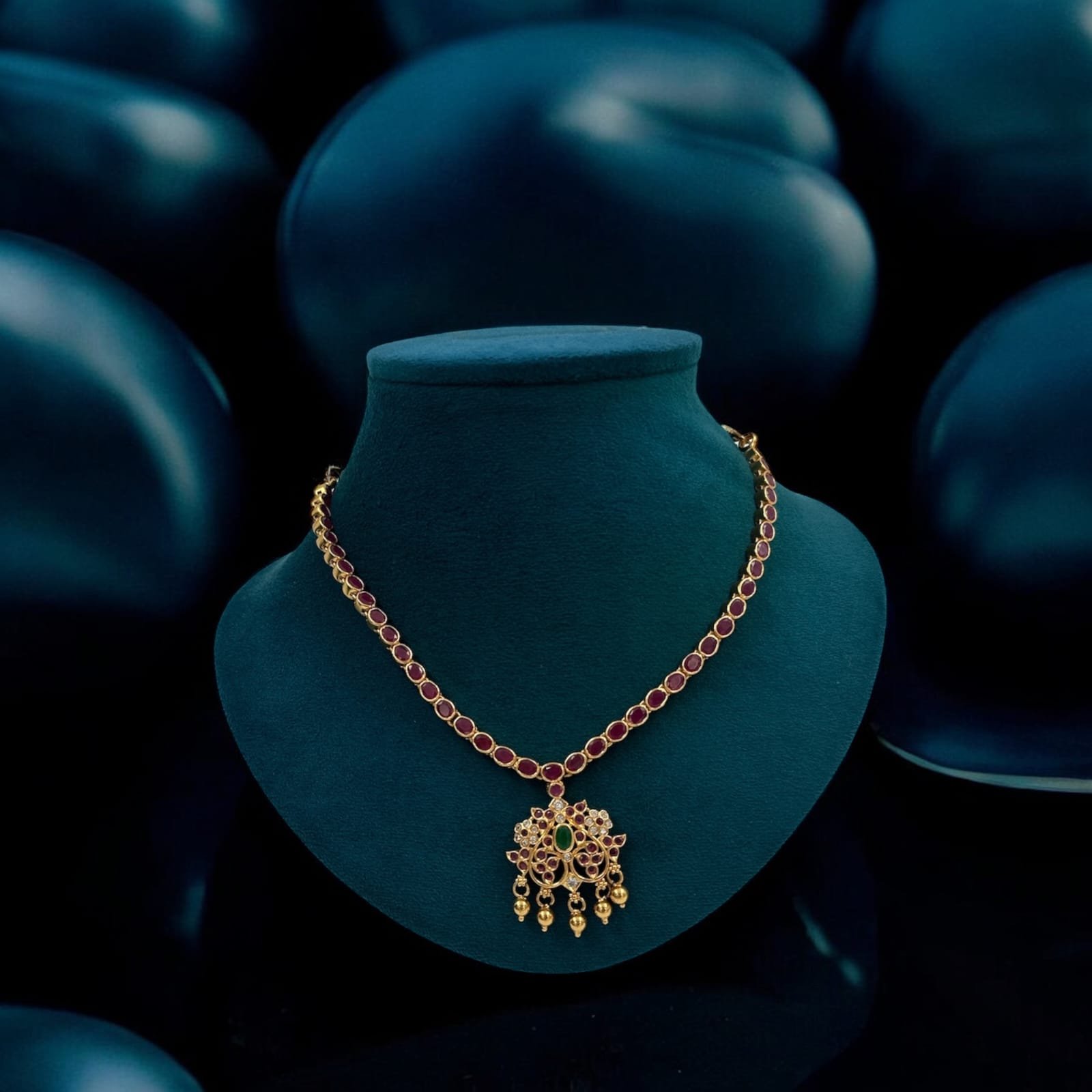 Ruby & Green Stone Gold Bolls Necklace