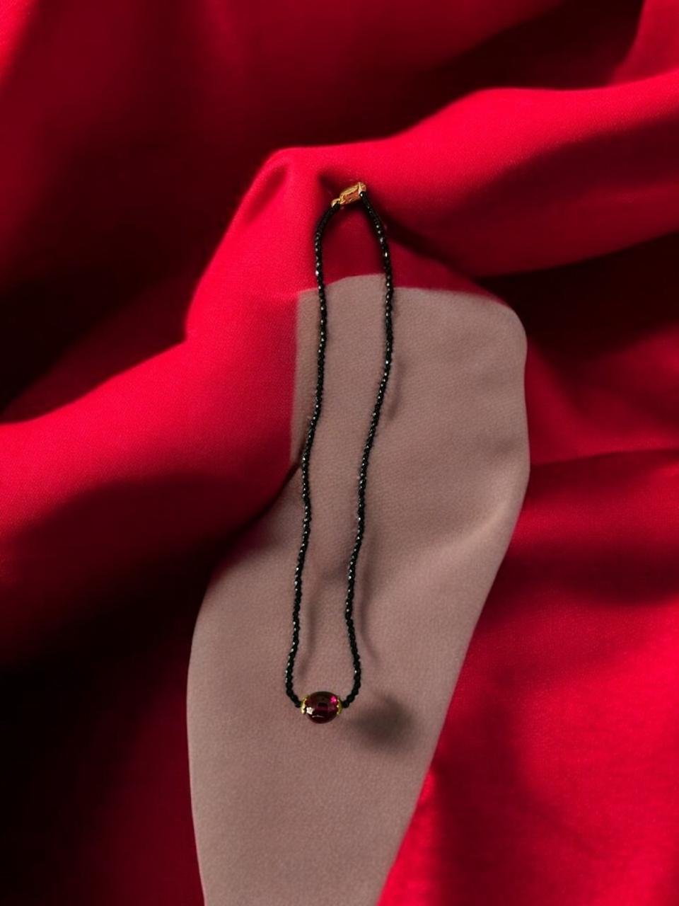 Ruby stone with black beads chain single line