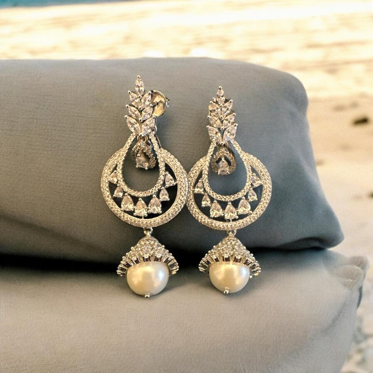 Silver Glow CZ Chandbali Earrings