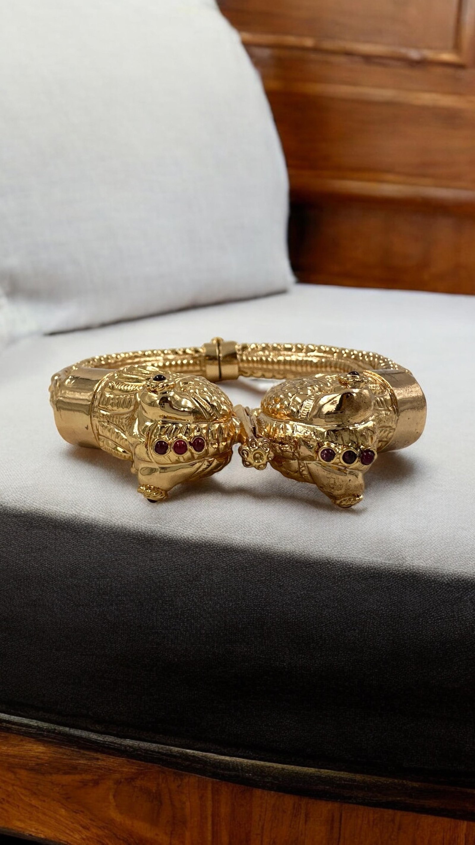 Silver men's kada with lion model with gold polish