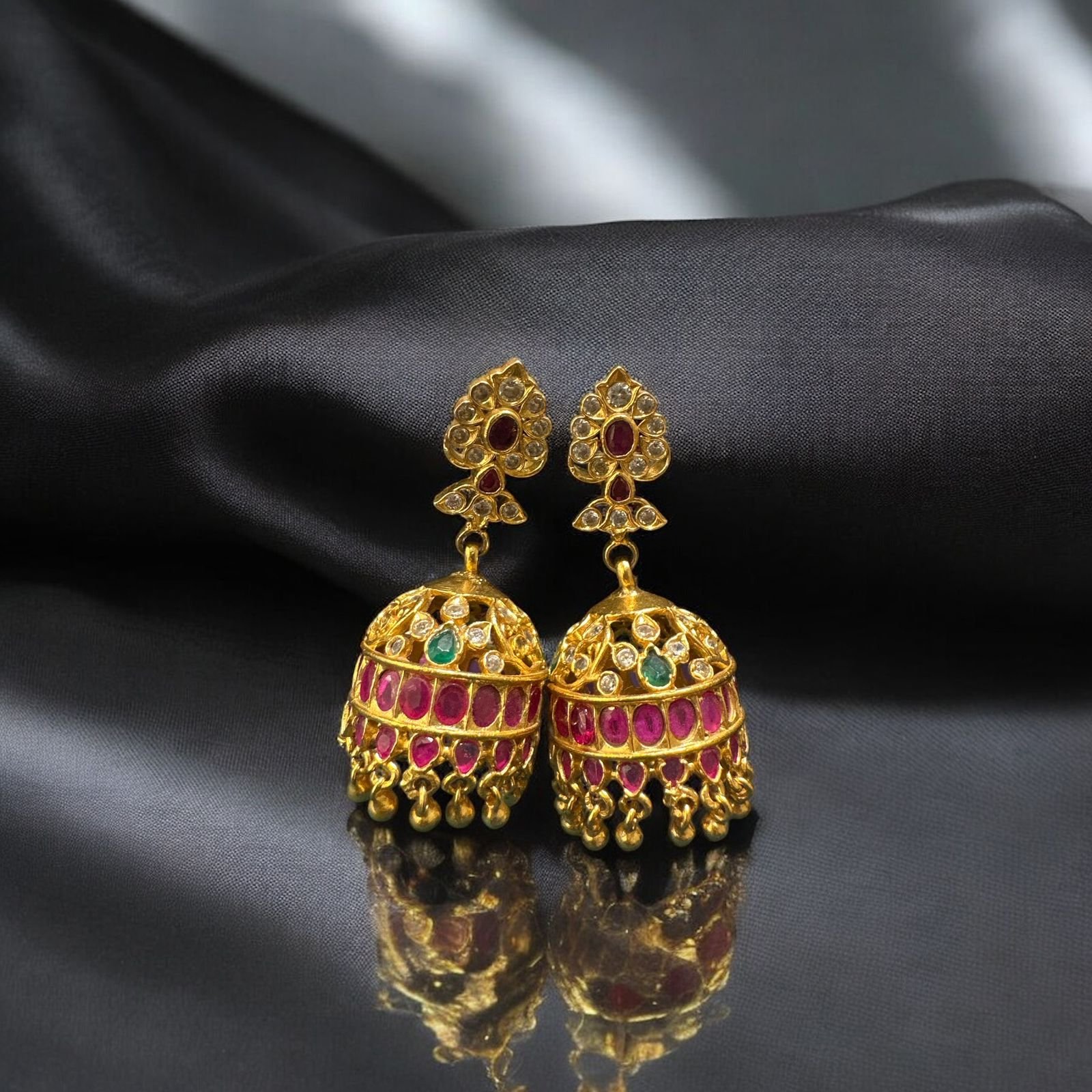 White CZ & Green-Red Kundan Gold Buttalu